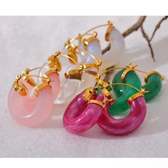 Anthropologie 18K Gold Stainless Steel Pink Hoop Earrings - Picture 7 of 9